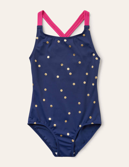 Cross-back Printed Swimsuit-Harmony Blue Gold Spot