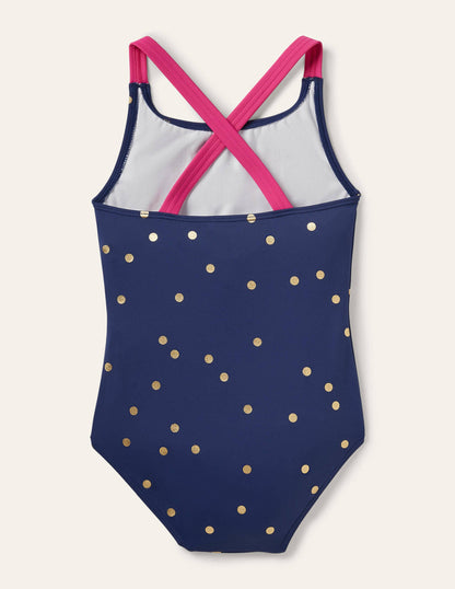 Cross-back Printed Swimsuit-Harmony Blue Gold Spot