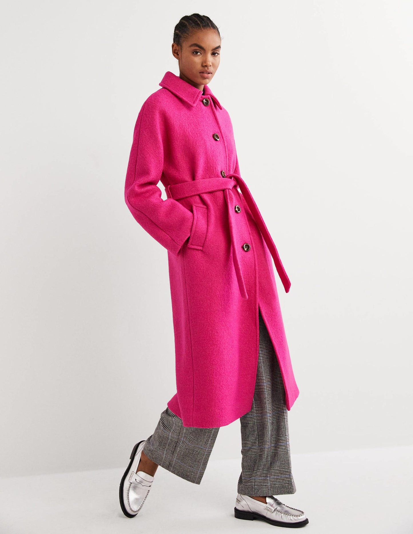 Belted Textured Wool Maxi Coat-Pink