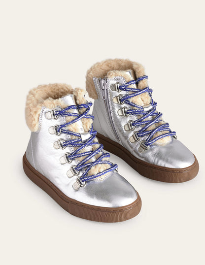 Cosy Leather Lace Up Boots-Silver Metallic