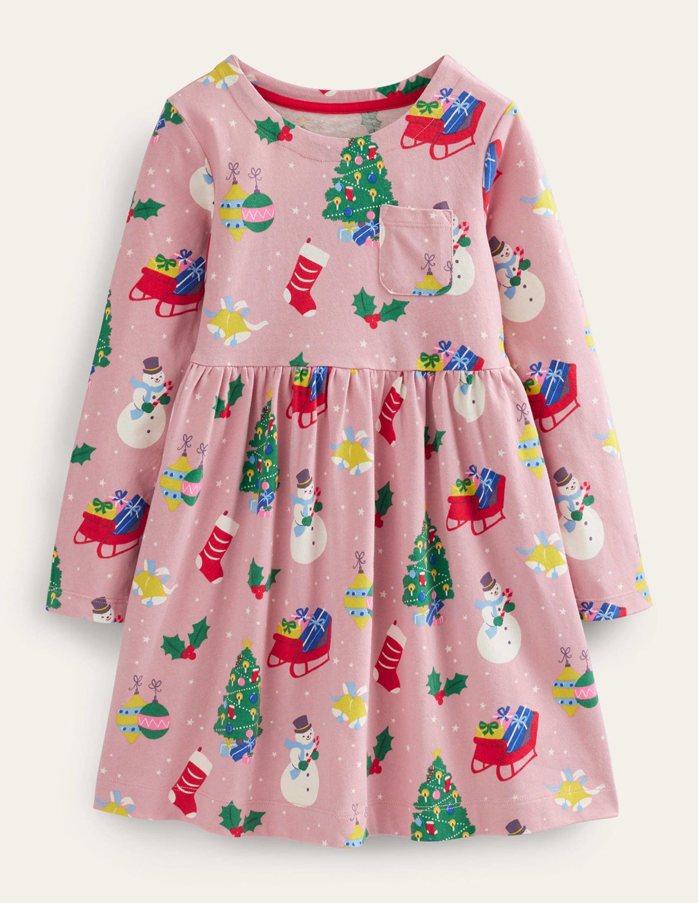 Long Sleeve Fun Jersey Dress-Almond Pink Festive