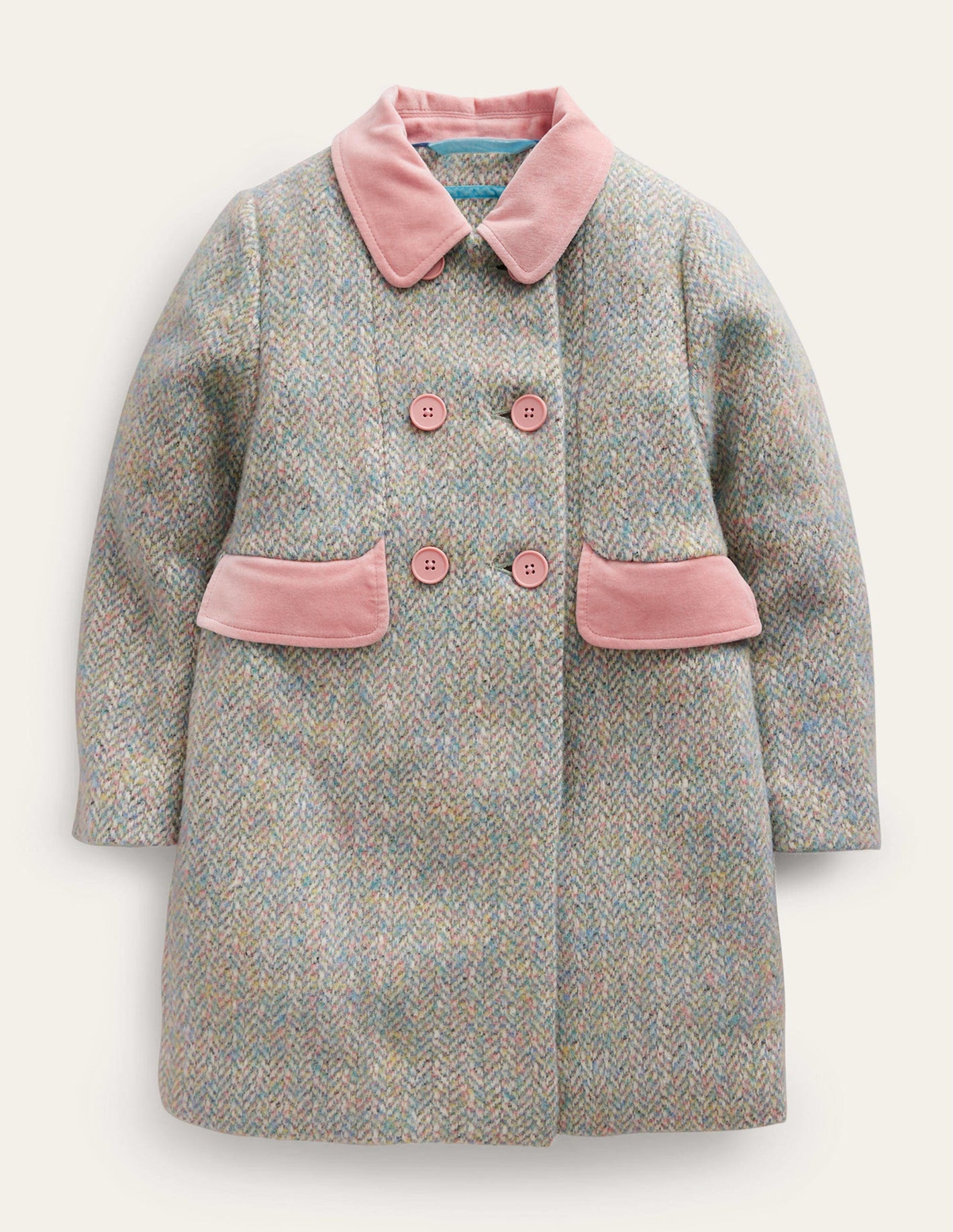 Wool Blend Coat-Pink / Blue Herringbone