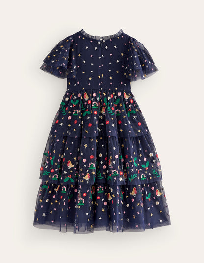 Tulle Embroidered Party Dress-French Navy