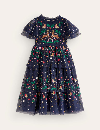 Tulle Embroidered Party Dress-French Navy