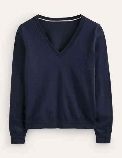 Catriona Cotton V-Neck Sweater-Navy