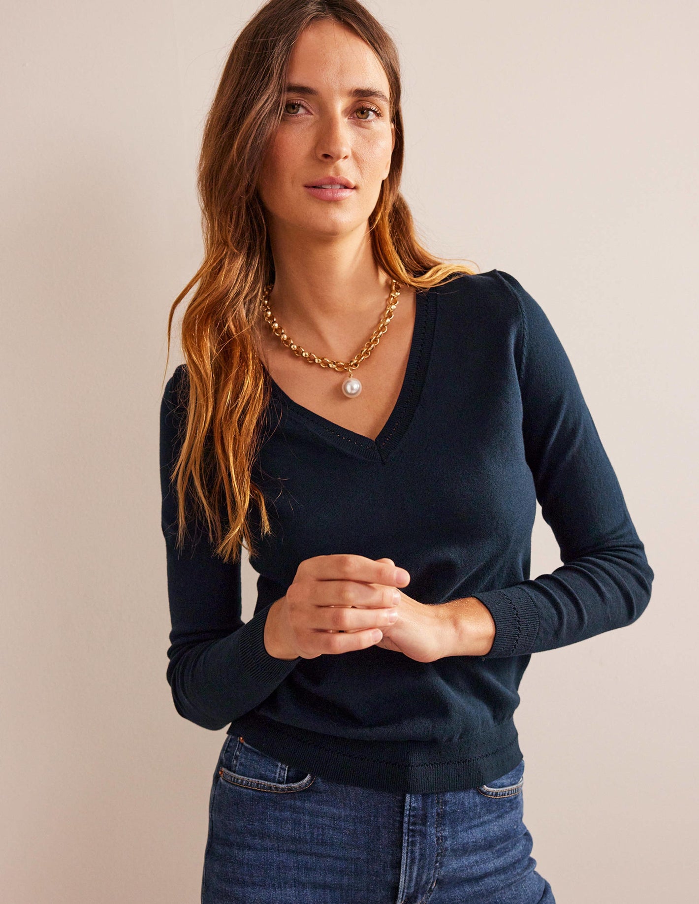 Catriona Cotton V-Neck Sweater-Navy