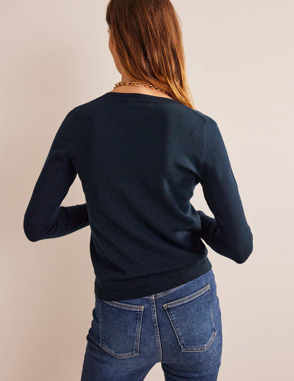 Catriona Cotton V-Neck Sweater-Navy