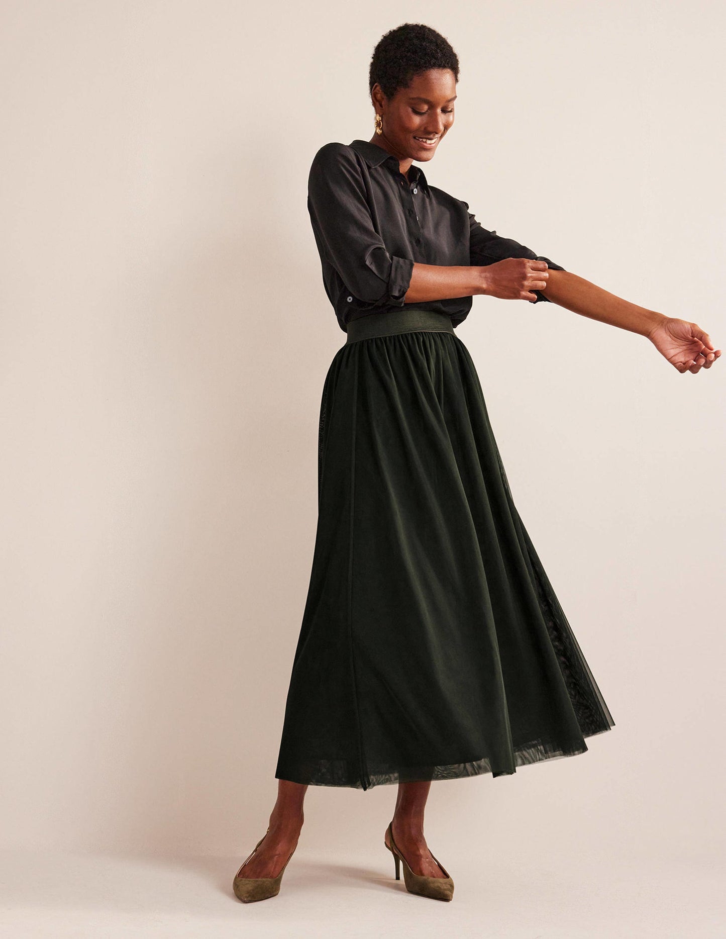 Tulle Full Midi Skirt-Khaki