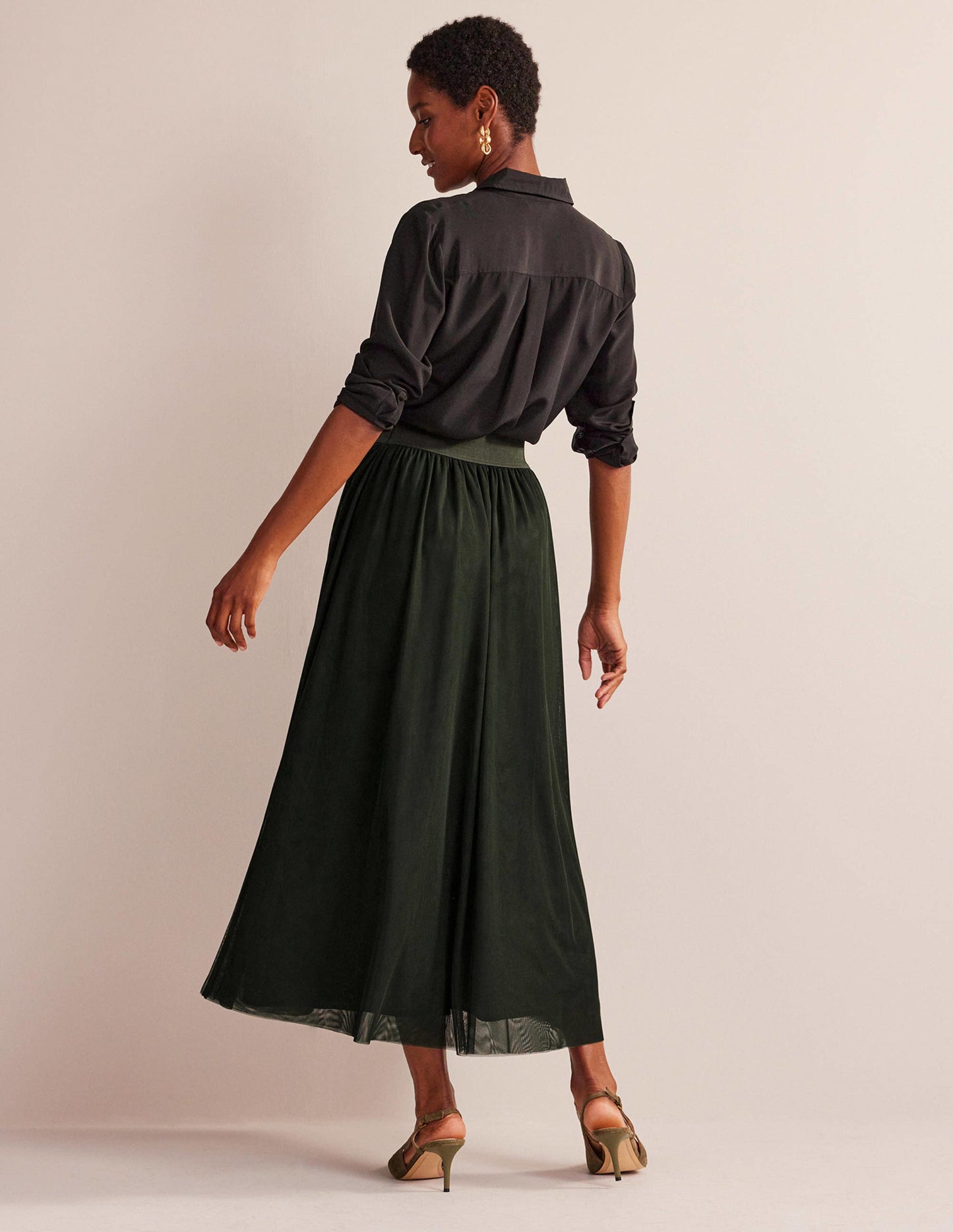 Tulle Full Midi Skirt-Khaki