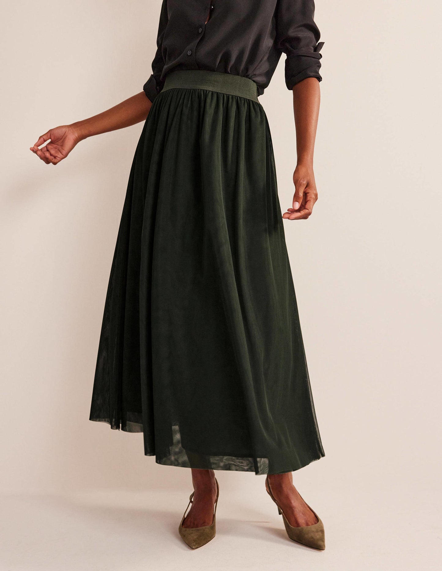 Tulle Full Midi Skirt-Khaki