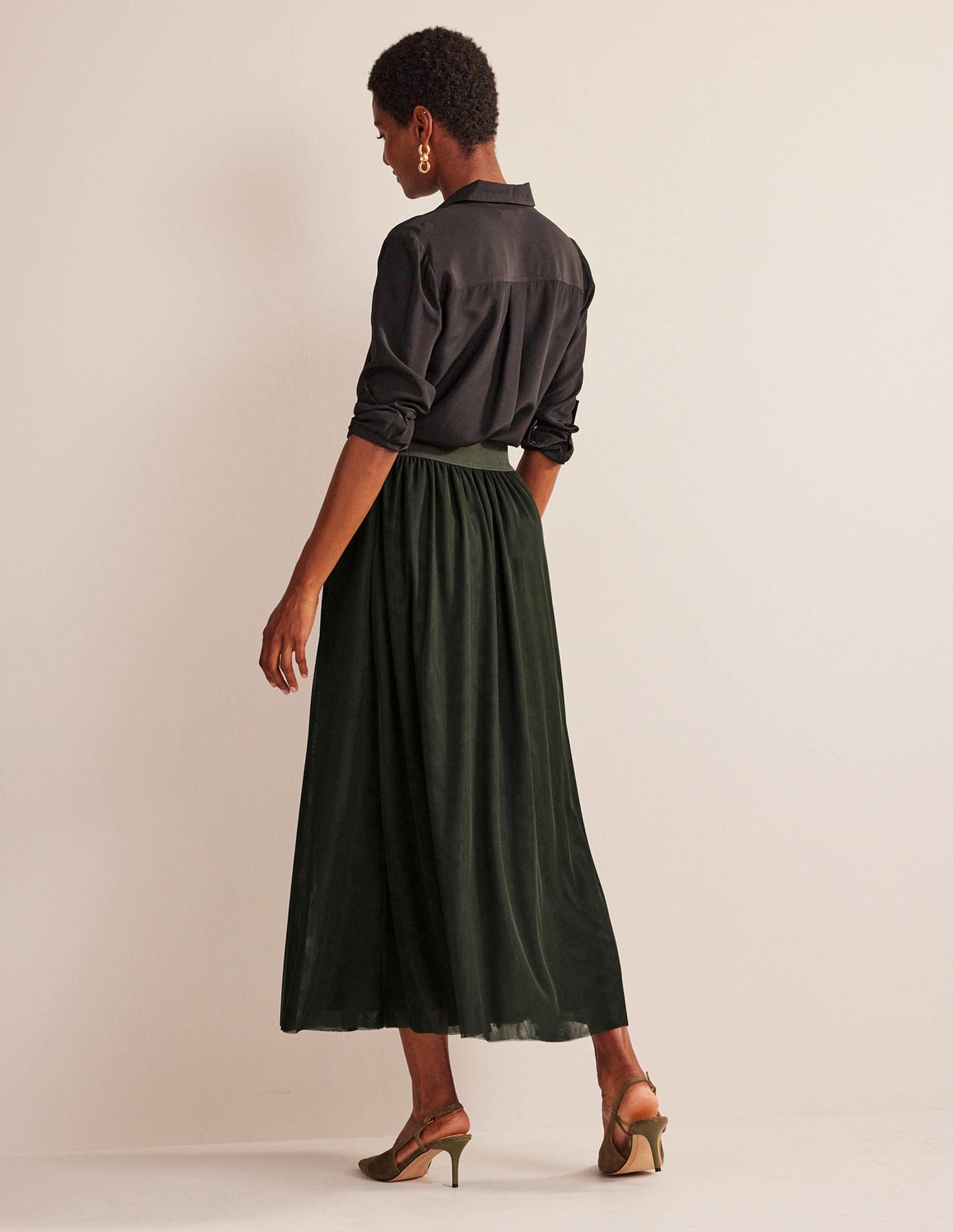 Tulle Full Midi Skirt-Khaki