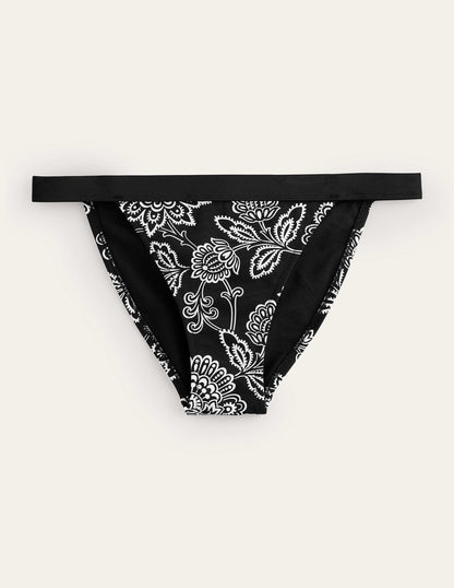 Tanga Bikini Bottoms-Black, White Floral