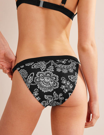 Tanga Bikini Bottoms-Black, White Floral