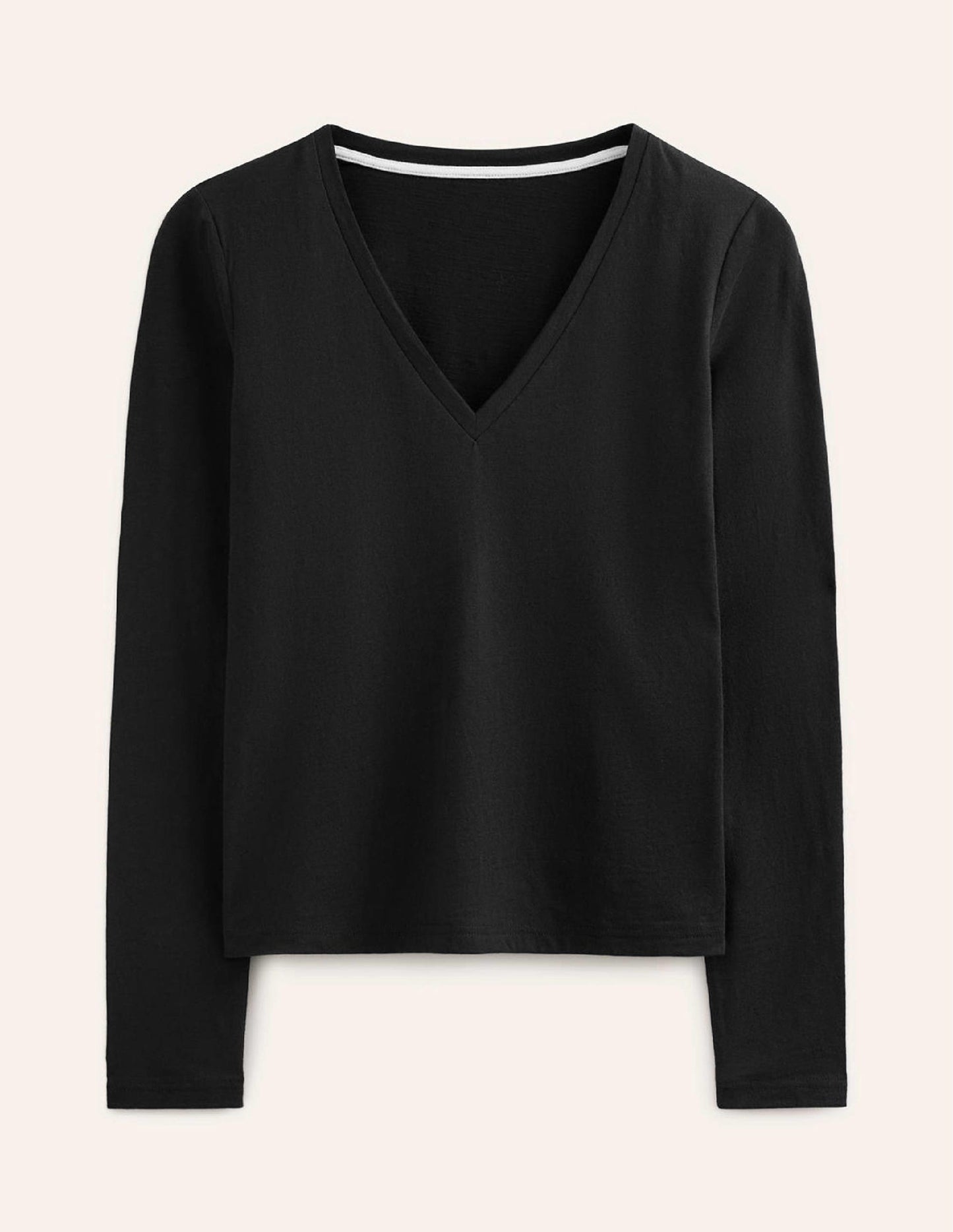 Cotton V-Neck Long Sleeve Top-Black