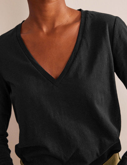 Cotton V-Neck Long Sleeve Top-Black