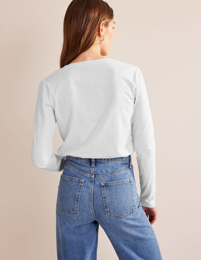 Cotton V-Neck Long Sleeve Top-White