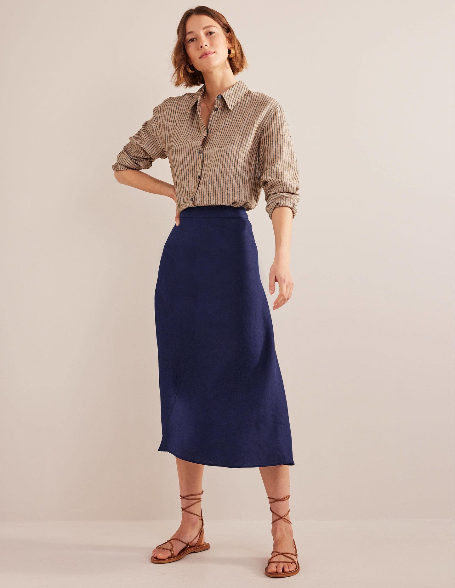 Bias Linen Midi Skirt-Navy