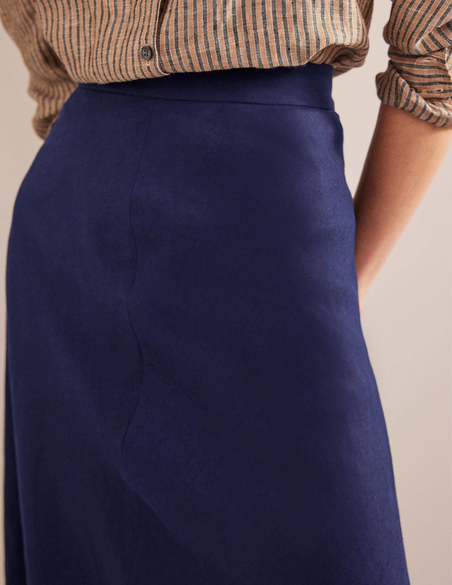 Bias Linen Midi Skirt-Navy