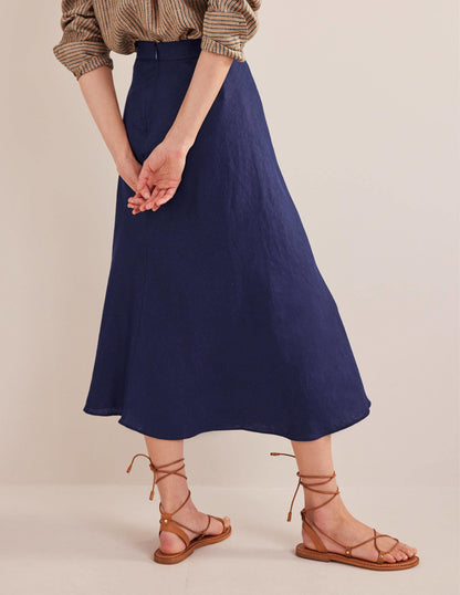 Bias Linen Midi Skirt-Navy