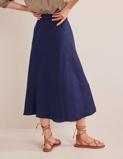 Bias Linen Midi Skirt-Navy