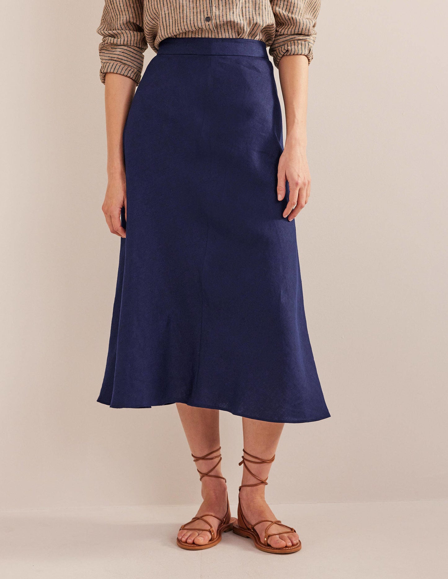 Bias Linen Midi Skirt-Navy