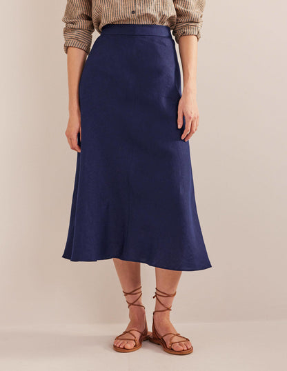 Bias Linen Midi Skirt-Navy