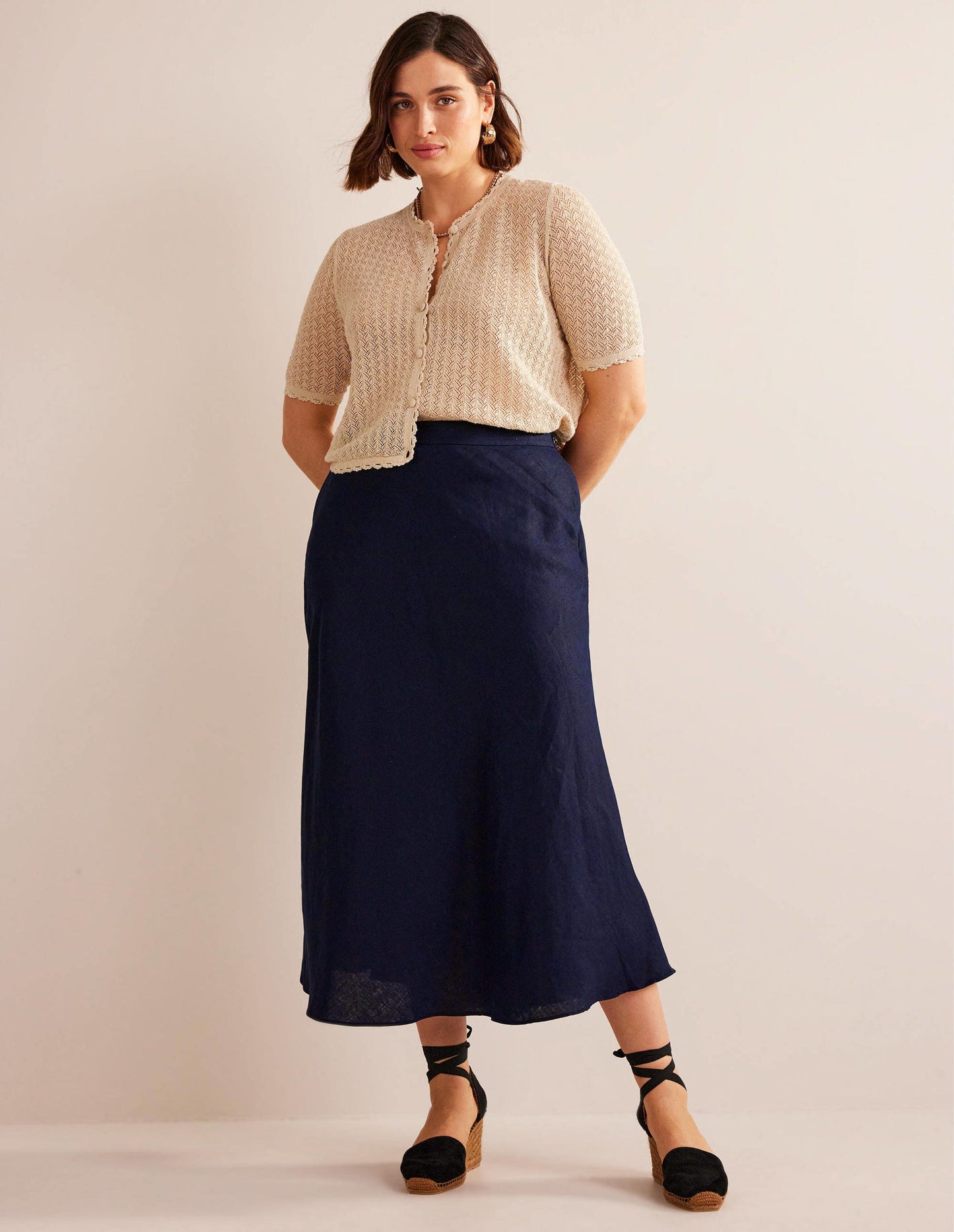 Bias Linen Midi Skirt-Navy