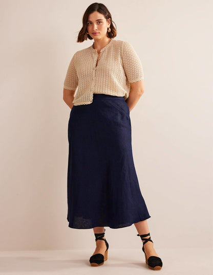 Bias Linen Midi Skirt-Navy