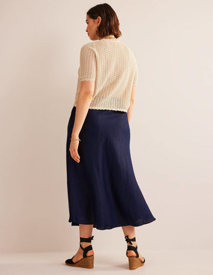 Bias Linen Midi Skirt-Navy