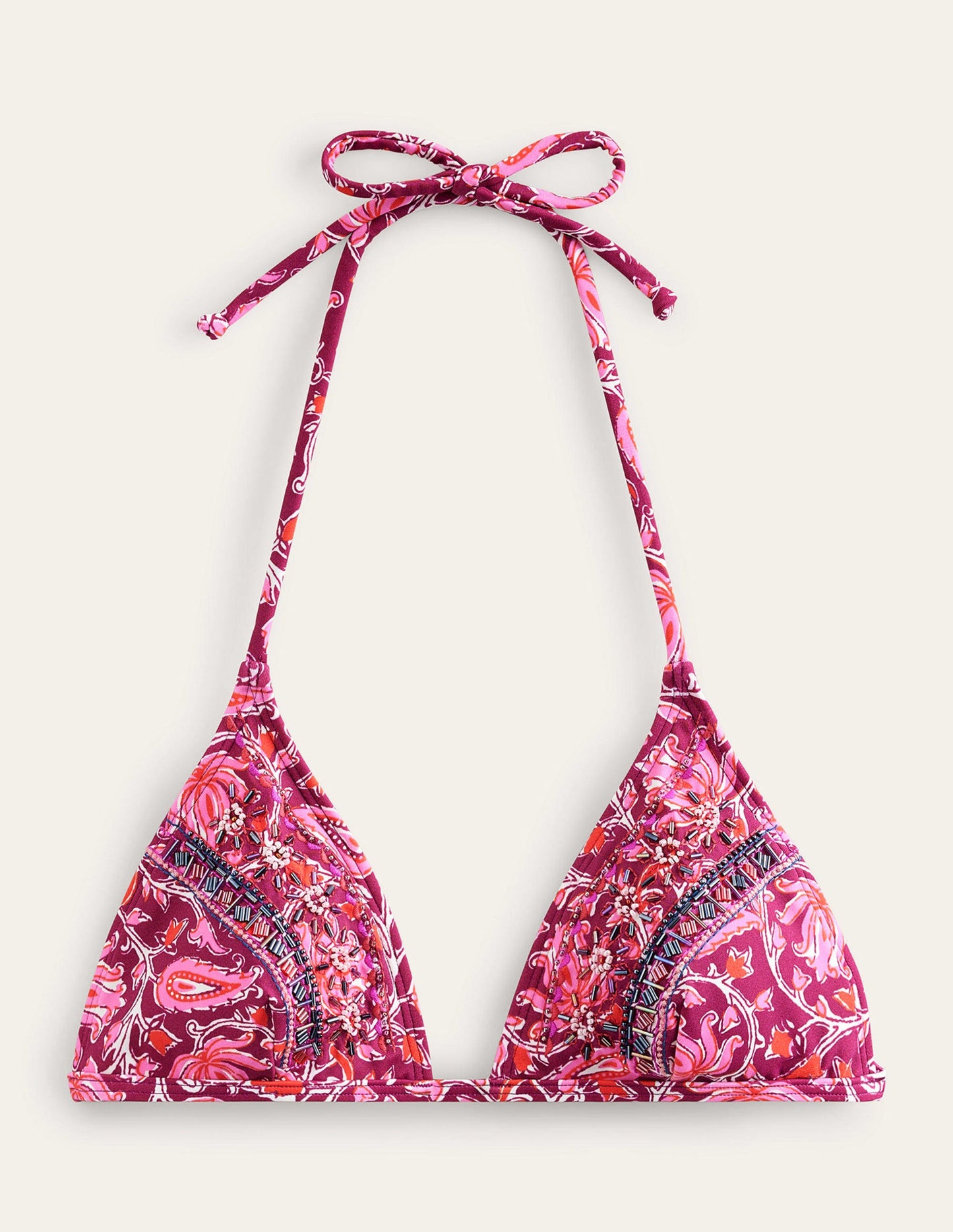 Bead Embellished Bikini Top-Raspberry Pink, Botanic Vine