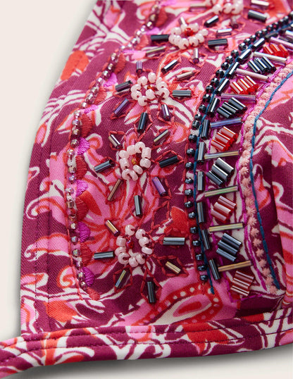 Bead Embellished Bikini Top-Raspberry Pink, Botanic Vine