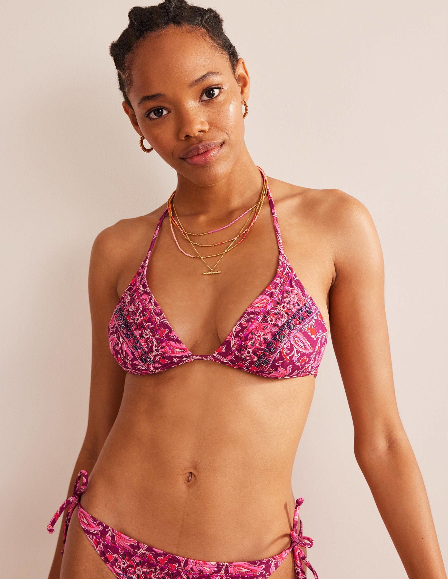 Bead Embellished Bikini Top-Raspberry Pink, Botanic Vine