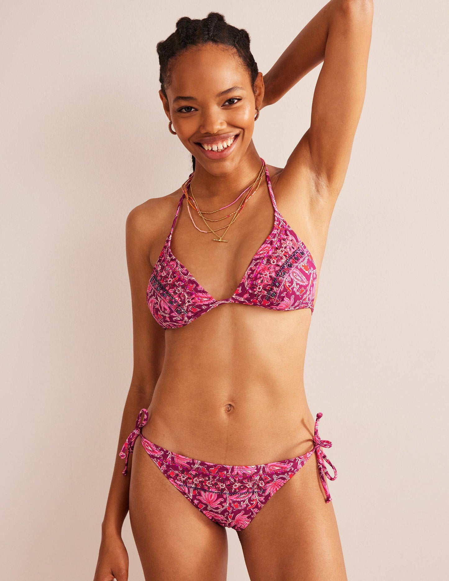 Bead Embellished Bikini Top-Raspberry Pink, Botanic Vine