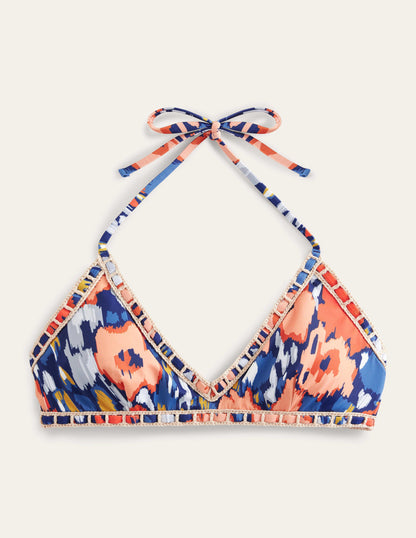 Crochet Trim Bikini Top-Navy, Abstract Poppy