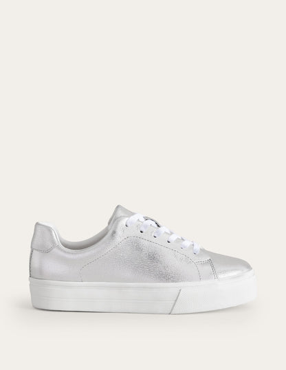 Leather Flatform Sneakers-Silver Tumbled Leather