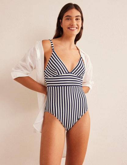 Arezzo V-neck Panel Swimsuit-Navy, Ivory Texture Stripe