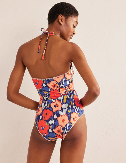 Crochet Trim Wrap Swimsuit-Navy, Abstract Poppy