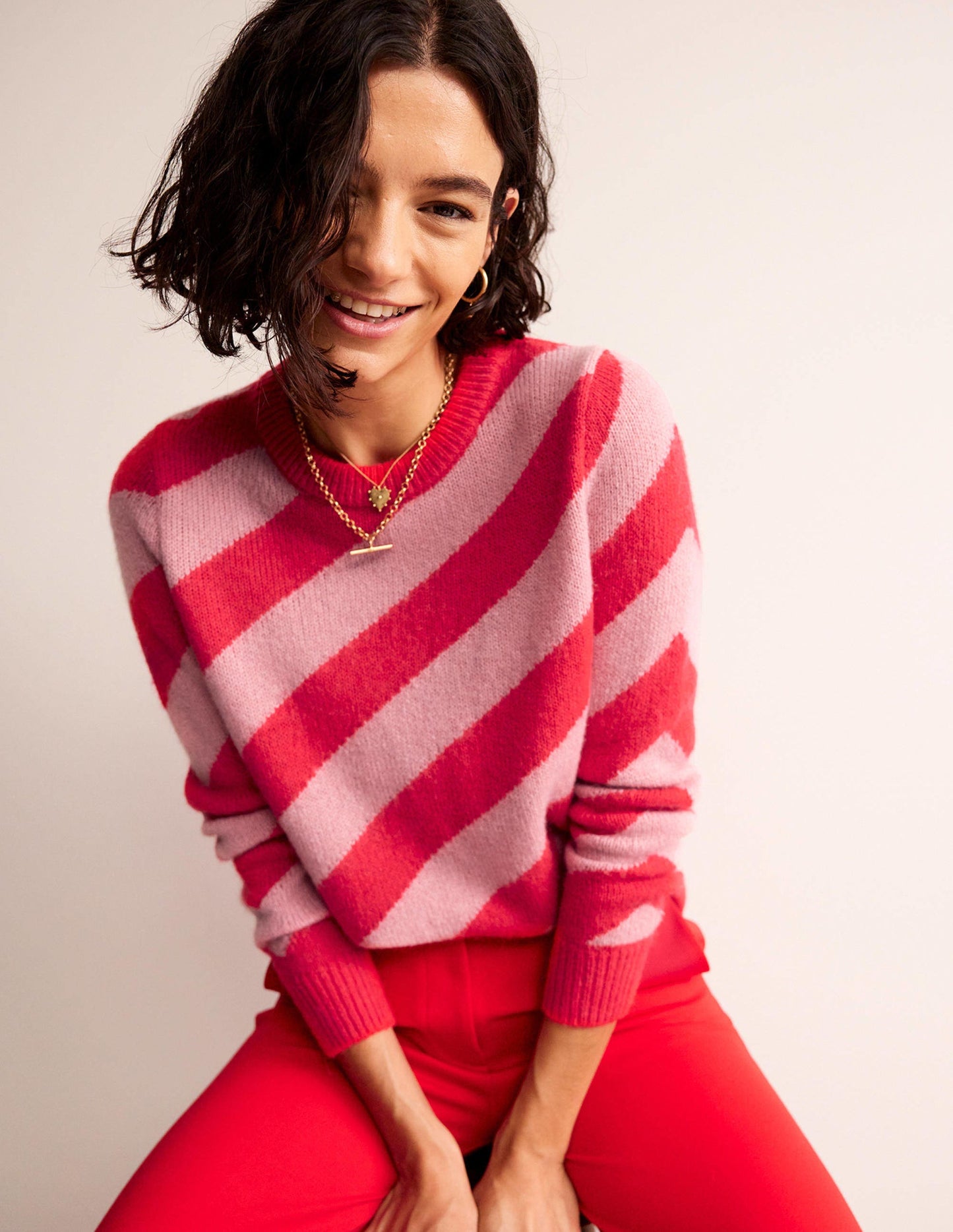 Fluffy Diagonal Stripe Sweater-Pink and Orange Stripe