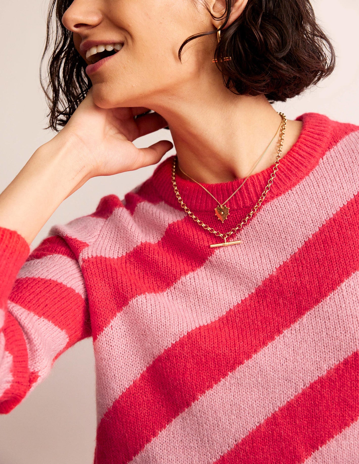 Fluffy Diagonal Stripe Sweater-Pink and Orange Stripe