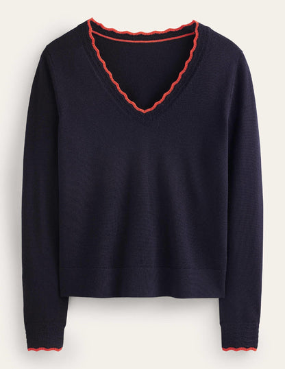 Merino Scallop V-Neck Sweater-Navy