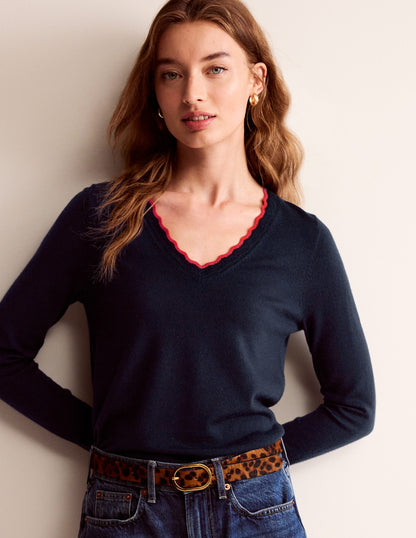 Merino Scallop V-Neck Sweater-Navy