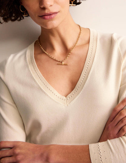 Catriona Cotton V-Neck Sweater-Warm Ivory