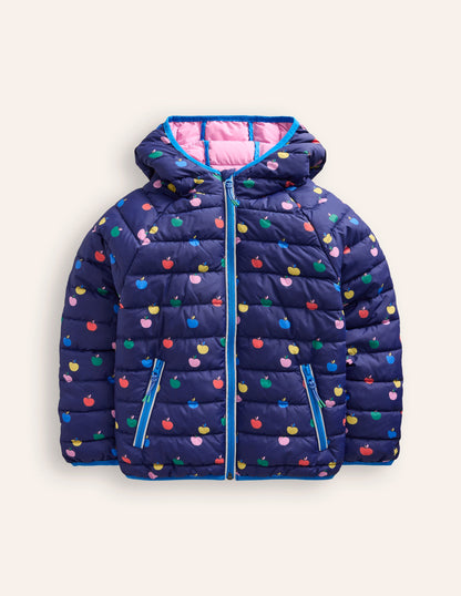 Pack-Away Padded Jacket-College Navy Rainbow Apples