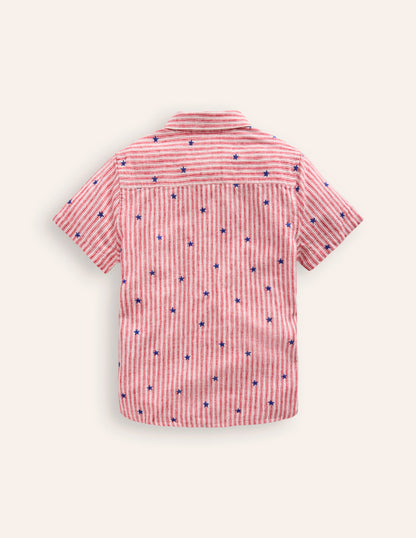 Cotton Linen Shirt-Red Stripe Star Embroidery