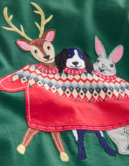 Applique Mock Sleeve T-Shirt-Jewel Green Festive Animals