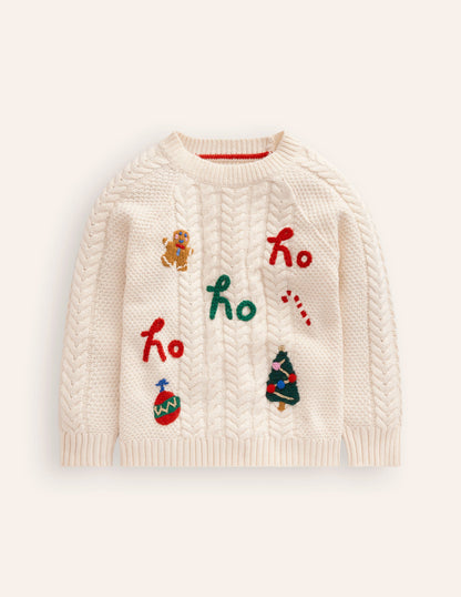 Festive Cable Sweater-Ecru Marl