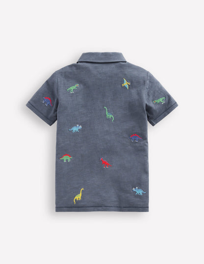 Embroidered Slub Polo Shirt-Multi Dinosaurs