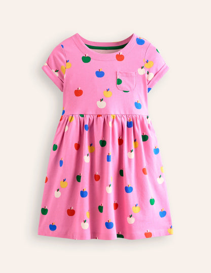 Short-sleeved Fun Jersey Dress-Cosmos Pink Rainbow Apples