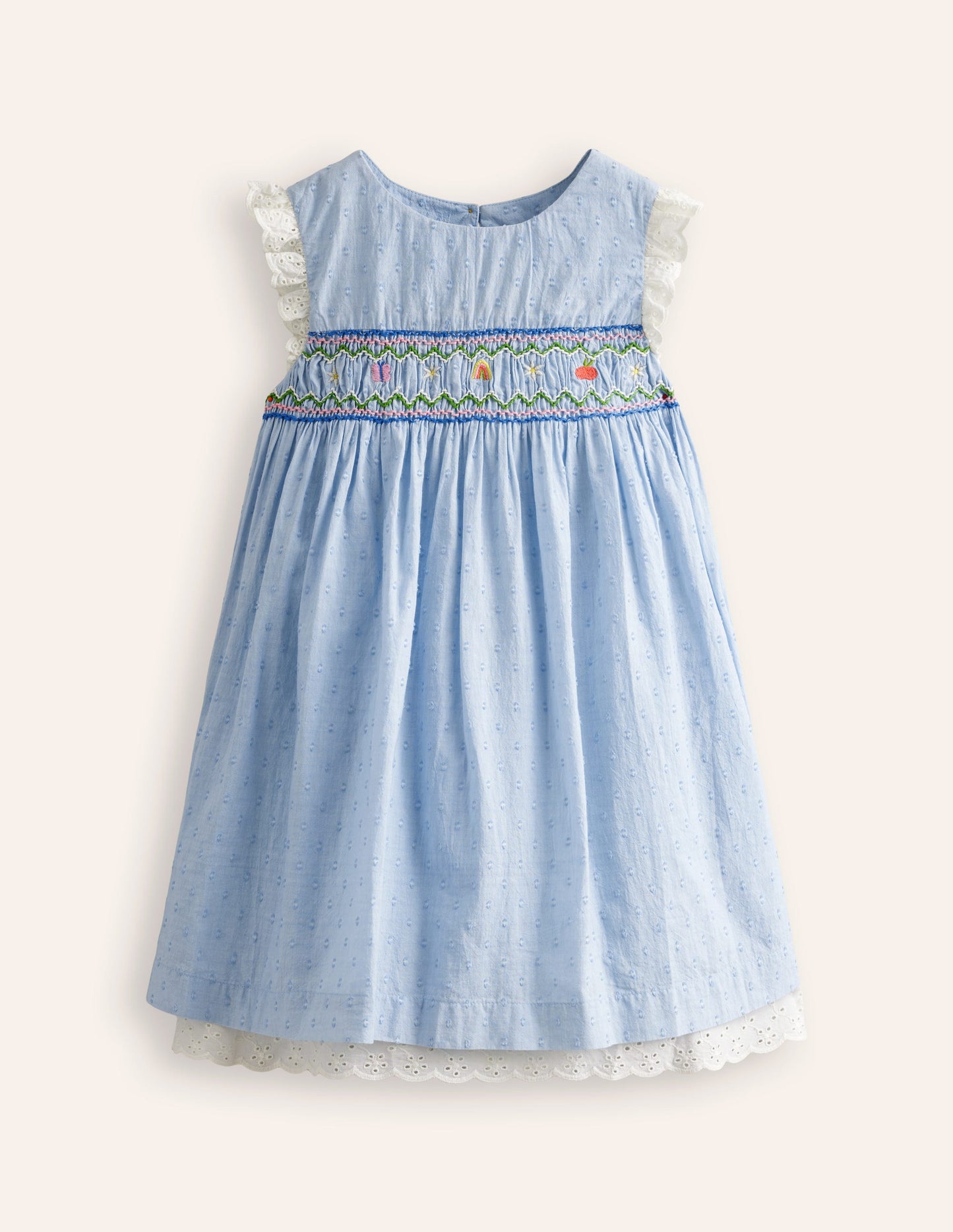 Smocked Lace Trim Dress-Mid Vintage Denim