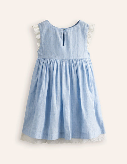 Smocked Lace Trim Dress-Mid Vintage Denim